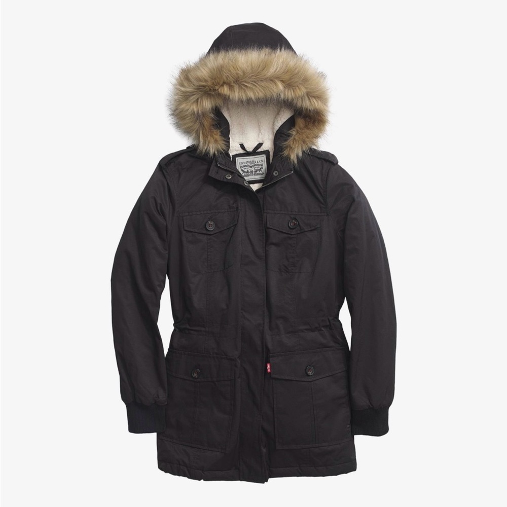 Women's Levi's Faux Fur Lined Hooded Parka Jacket NAVY EUC XL